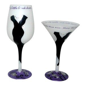 Rare Lolita "Little Black Dress" Wine & Martini Glass Set Hand-Painted Retired